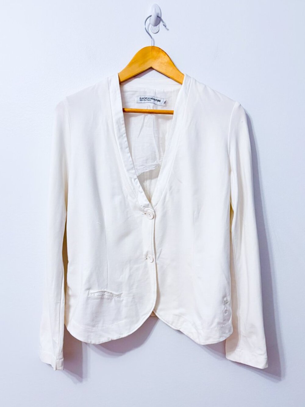 EUROPEAN CULTURE White Cotton Stretch Collarless Button Front Blazer Medium